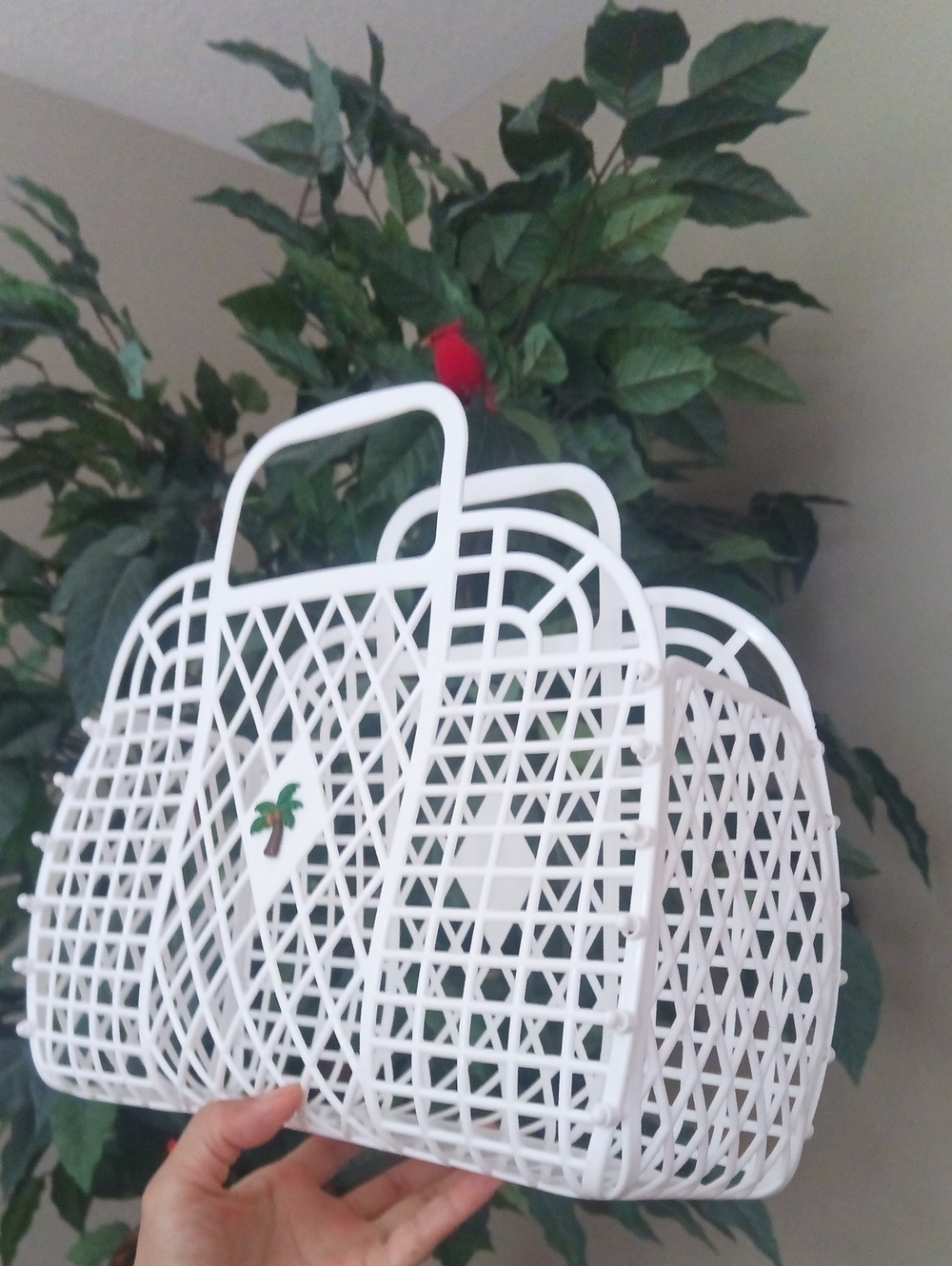 Forever 21 White Flexible Plastic Woven Tote with Palm Detail